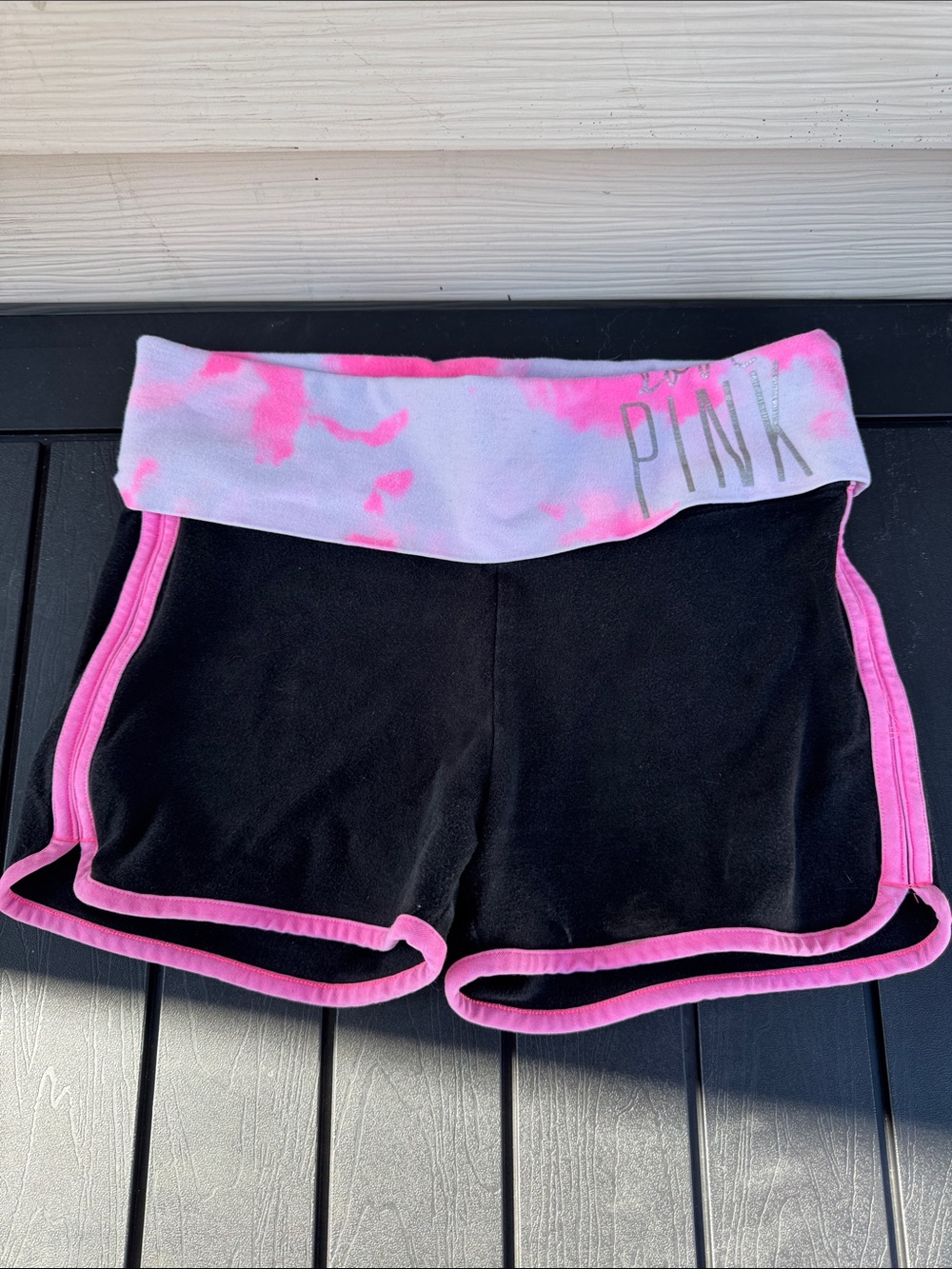 PINK Victoria's Secret Black Shorts with Pink Tie-Dye Foldover Waistband